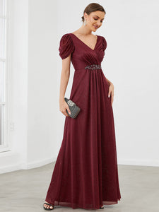Color=Burgundy | A Line Deep V Neck Puff Sleeves Pretty Wholesale Bridesmaid Dresses-Burgundy 1