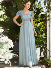 Load image into Gallery viewer, Color=Mist | A Line Deep V Neck Puff Sleeves Pretty Wholesale Bridesmaid Dresses-Mist 1
