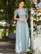 Load image into Gallery viewer, Color=Mist | A Line Deep V Neck Puff Sleeves Pretty Wholesale Bridesmaid Dresses-Mist 4