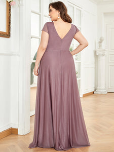 Color=Orchid | A Line Deep V Neck Floor Length Wholesale Mother of Bridesmaid Dresses-Orchid 2