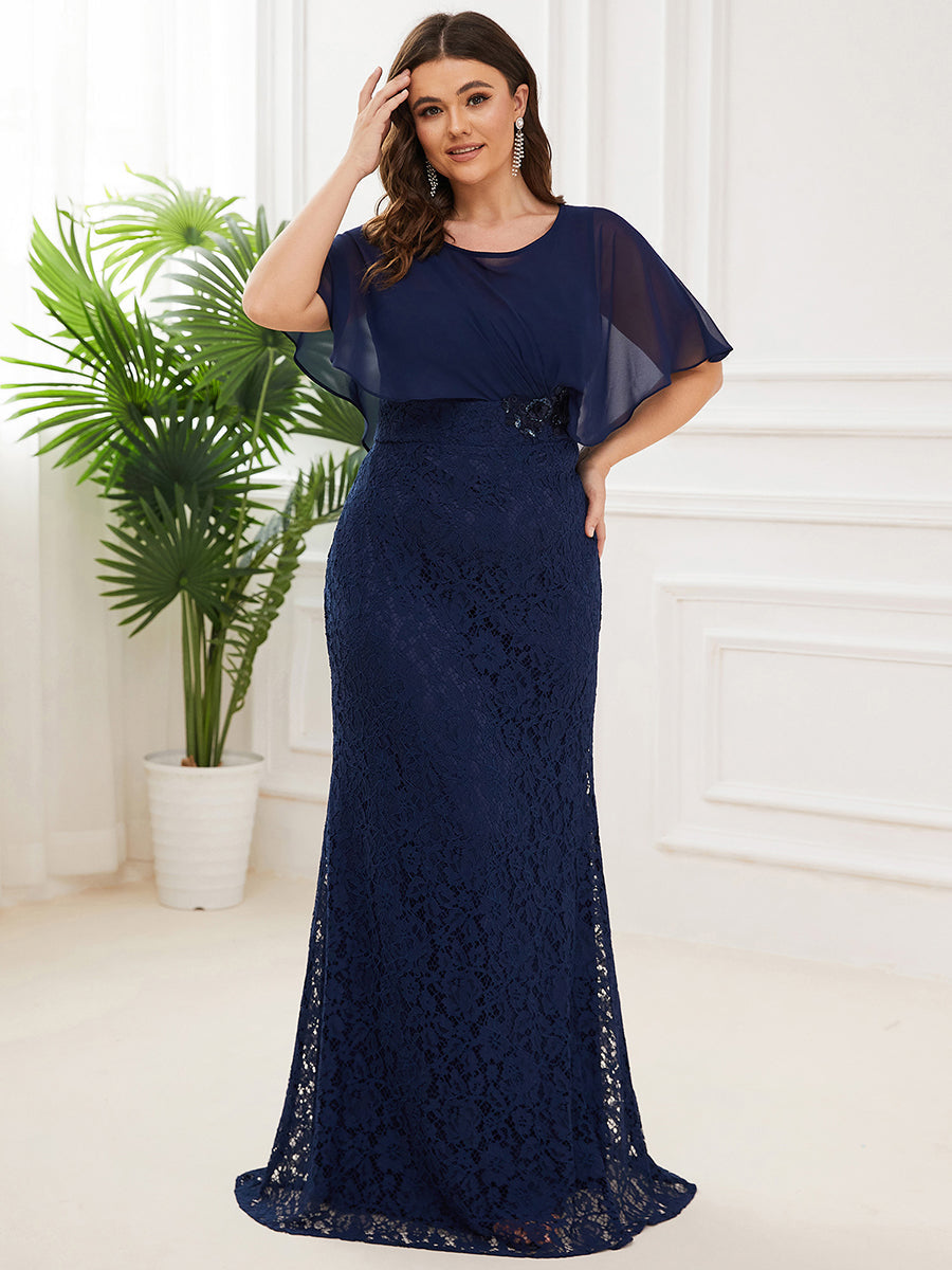 Color=Navy Blue | Plus Size Fishtail Ruffles Sleeves Wholesale Mother of Bridesmaid Dresses-Navy Blue 1