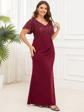 Load image into Gallery viewer, Color=Burgundy | Short Sleeves V Neck Fishtail Wholesale Mother of the Bride Dresses-Burgundy 3