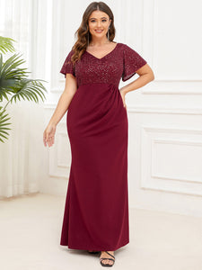 Color=Burgundy | Short Sleeves V Neck Fishtail Wholesale Mother of the Bride Dresses-Burgundy 1