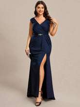 Load image into Gallery viewer, Color=Navy Blue | Plus Cap Sleeve Side Split Wholesale Mother of the Bride Dresses-Navy Blue 1