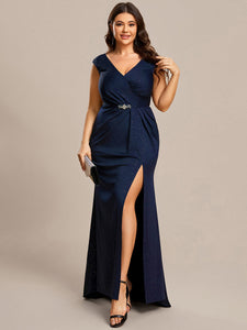 Color=Navy Blue | Plus Cap Sleeve Side Split Wholesale Mother of the Bride Dresses-Navy Blue 1