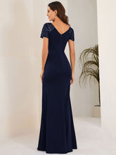 Load image into Gallery viewer, Color=Navy Blue | Deep-V Side Split Appliques Ruched Belt Wholesale Evening Dress-Navy Blue 2