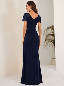 Color=Navy Blue | Deep-V Side Split Appliques Ruched Belt Wholesale Evening Dress-Navy Blue 2