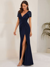 Load image into Gallery viewer, Color=Navy Blue | Deep-V Side Split Appliques Ruched Belt Wholesale Evening Dress-Navy Blue 4