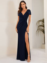 Load image into Gallery viewer, Color=Navy Blue | Deep-V Side Split Appliques Ruched Belt Wholesale Evening Dress-Navy Blue 1