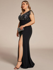 Color=Black | Plus Split Sequin Wholesale Evening Dresses With Tassel-Black 3