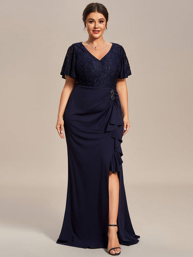 Color=Navy Blue | Plus Split Lotus Leaf Wholesale Lace Evening Dresses-Navy Blue 1