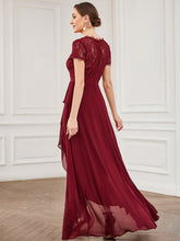Load image into Gallery viewer, Color=Burgundy | V Neck Short Sleeves Asymmetrical Hem Wholesale Bridesmaid Dresses-Burgundy 3