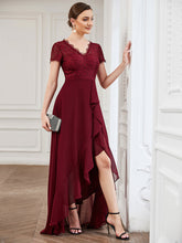 Load image into Gallery viewer, Color=Burgundy | V Neck Short Sleeves Asymmetrical Hem Wholesale Bridesmaid Dresses-Burgundy 4