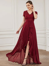 Load image into Gallery viewer, Color=Burgundy | V Neck Short Sleeves Asymmetrical Hem Wholesale Bridesmaid Dresses-Burgundy 1