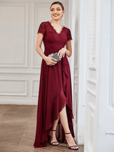 Load image into Gallery viewer, Color=Burgundy | V Neck Short Sleeves Asymmetrical Hem Wholesale Bridesmaid Dresses-Burgundy 5