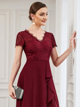 Load image into Gallery viewer, Color=Burgundy | V Neck Short Sleeves Asymmetrical Hem Wholesale Bridesmaid Dresses-Burgundy 6