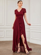 Load image into Gallery viewer, Color=Burgundy | V Neck Short Sleeves Asymmetrical Hem Wholesale Bridesmaid Dresses-Burgundy 2