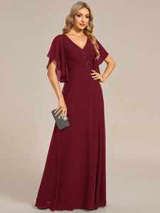 Color=Burgundy | Elegant  Appliques  Floor Length V Neck Half Sleeves Wholesale Bridesmaids Dress-Burgundy 3