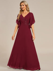 Color=Burgundy | Elegant  Appliques  Floor Length V Neck Half Sleeves Wholesale Bridesmaids Dress-Burgundy 4