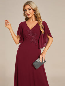 Color=Burgundy | Elegant  Appliques  Floor Length V Neck Half Sleeves Wholesale Bridesmaids Dress-Burgundy 5