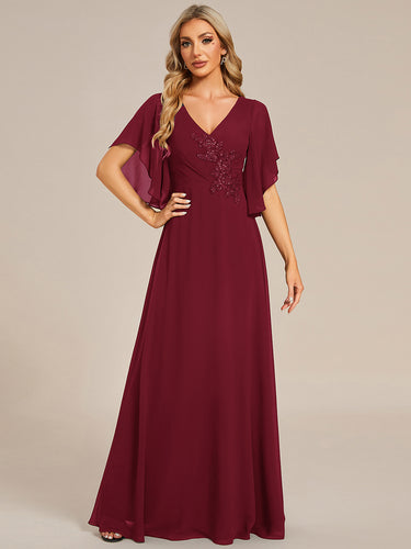 Color=Burgundy | Elegant  Appliques  Floor Length V Neck Half Sleeves Wholesale Bridesmaids Dress-Burgundy 1