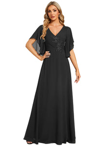 Color=Black | Elegant  Appliques  Floor Length V Neck Half Sleeves Wholesale Bridesmaids Dress-Black 14