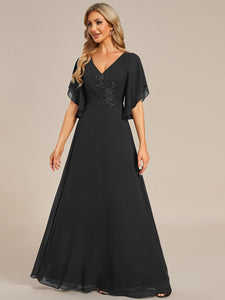 Color=Black | Elegant  Appliques  Floor Length V Neck Half Sleeves Wholesale Bridesmaids Dress-Black 