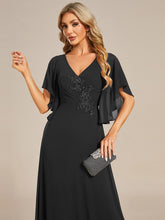 Load image into Gallery viewer, Color=Black | Elegant  Appliques  Floor Length V Neck Half Sleeves Wholesale Bridesmaids Dress-Black 