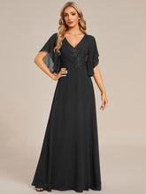 Load image into Gallery viewer, Color=Black | Elegant  Appliques  Floor Length V Neck Half Sleeves Wholesale Bridesmaids Dress-Black 13