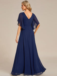 Color=Navy Blue | Elegant  Appliques  Floor Length V Neck Half Sleeves Wholesale Bridesmaids Dress-Navy Blue 