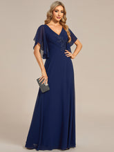 Load image into Gallery viewer, Color=Navy Blue | Elegant  Appliques  Floor Length V Neck Half Sleeves Wholesale Bridesmaids Dress-Navy Blue 