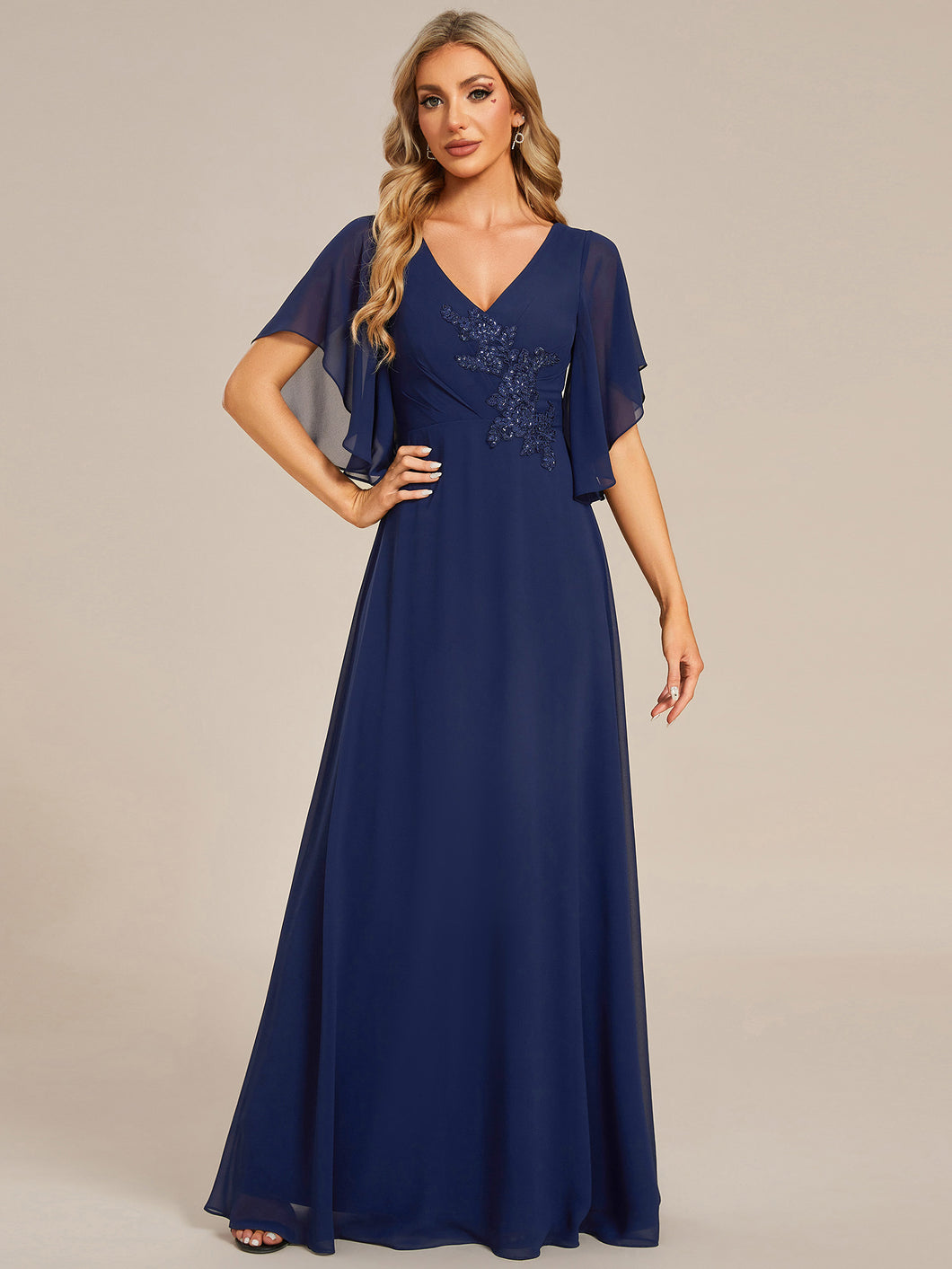Color=Navy Blue | Elegant  Appliques  Floor Length V Neck Half Sleeves Wholesale Bridesmaids Dress-Navy Blue 