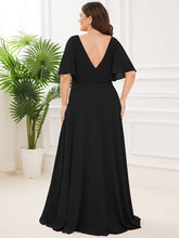 Load image into Gallery viewer, Color=Black | Plus Size Deep V Neck Short Ruffles Sleeves A Line Wholesale Bridesmaid Dresses-Black 2