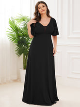 Load image into Gallery viewer, Color=Black | Plus Size Deep V Neck Short Ruffles Sleeves A Line Wholesale Bridesmaid Dresses-Black 4