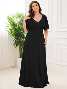Color=Black | Plus Size Deep V Neck Short Ruffles Sleeves A Line Wholesale Bridesmaid Dresses-Black 4
