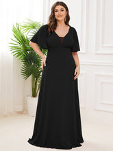 Load image into Gallery viewer, Color=Black | Plus Size Deep V Neck Short Ruffles Sleeves A Line Wholesale Bridesmaid Dresses-Black 1