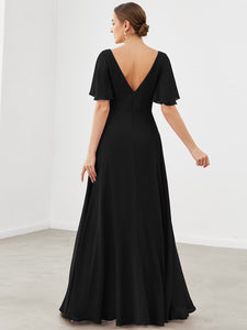 Color=Black | Deep V Neck Short Ruffles Sleeves A Line Wholesale Bridesmaid Dresses-Black 2