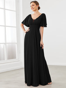 Color=Black | Deep V Neck Short Ruffles Sleeves A Line Wholesale Bridesmaid Dresses-Black 4