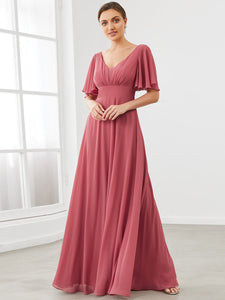 Color=Cameo Brown | Deep V Neck Short Ruffles Sleeves A Line Wholesale Bridesmaid Dresses-Cameo Brown 1