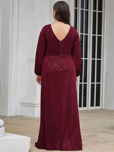 Color=Burgundy | Plus Size Lantern Sleeves Wholesale Mother of the Bride Dresses-Burgundy 2
