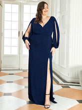 Load image into Gallery viewer, Color=Navy Blue | Plus Size Lantern Sleeves Wholesale Mother of the Bride Dresses-Navy Blue 4