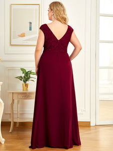 Color=Burgundy | Deep V Neck Cover Sleeves Floor Length Wholesale Evening Dresses-Burgundy 2