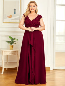 Color=Burgundy | Deep V Neck Cover Sleeves Floor Length Wholesale Evening Dresses-Burgundy 3