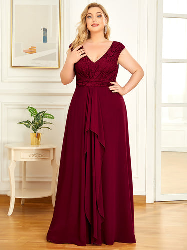 Color=Burgundy | Deep V Neck Cover Sleeves Floor Length Wholesale Evening Dresses-Burgundy 1