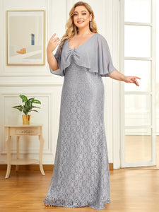 Color=Grey | V Neck Floor Length Ruffles Sleeves Wholesale Evening Dresses-Grey 3