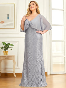 Color=Grey | V Neck Floor Length Ruffles Sleeves Wholesale Evening Dresses-Grey 4