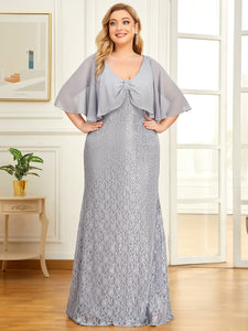Color=Grey | V Neck Floor Length Ruffles Sleeves Wholesale Evening Dresses-Grey 1
