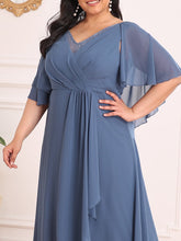 Load image into Gallery viewer, Color=Dusty Navy | Flutter Sleeve V-Neck Floor-length Plus Szie Mother Dress-Dusty Navy 5