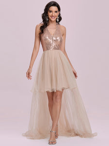 Color=Rose Gold | Cute V Neck High-Low High Waist Wholesale Prom Dress Eo00121-Rose Gold 1