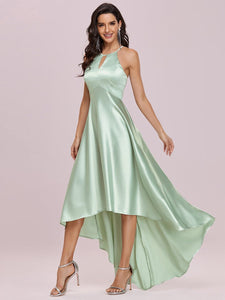 Color=Mint Green | Fashion Wholesale Halter Open Back High Low Bridesmaid Dress-Mint Green 3